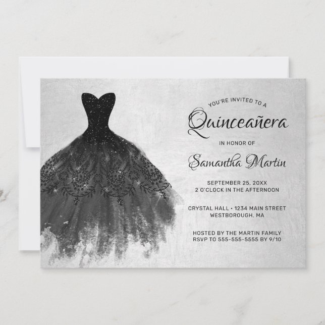 Invitation Quinceanera robe noire chic sur Silver Party Invit (Devant)