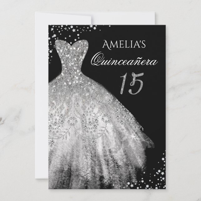 Invitation Quinceanera Robe Pailletée Argent Noir (Devant)