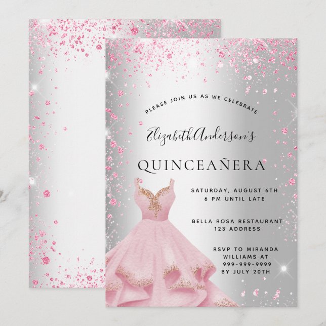 Invitation Quinceanera robe rose argent poussière de parties  (Devant / Derrière)