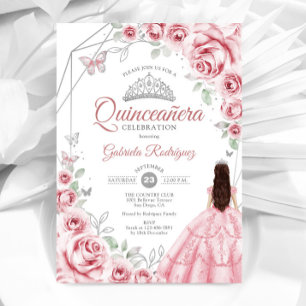 Invitation Quinceanera Robe Rose Argent Robe Florale