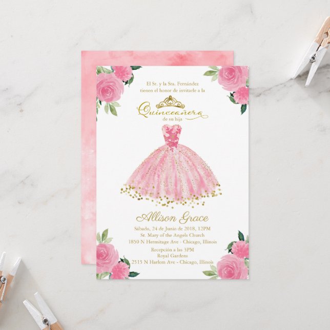 Invitation Quinceañera Robe Rose Chaud Espagnol (Devant/Arrière en situation)