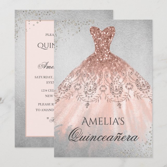 Invitation Quinceanera Robe Rose Gold Étincelle Ar (Devant / Derrière)