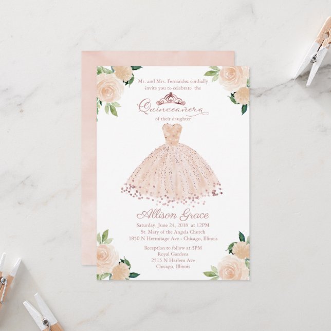 Invitation Quinceanera Robe Rose Gold Rose Pâle (Devant/Arrière en situation)