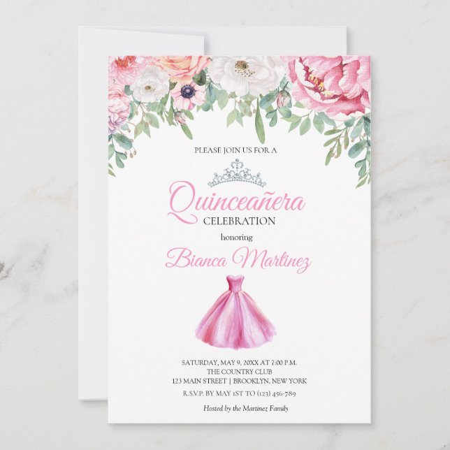 Invitation Quinceanera Robe Rose Mis Quince (Devant)