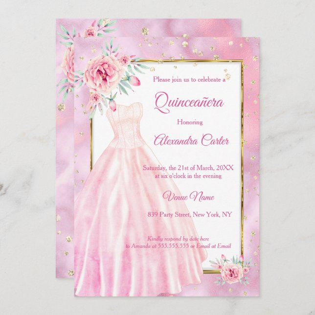 Invitation Quinceanera Robe rose or floral fête d'anniversair (Devant / Derrière)