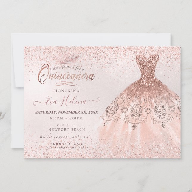 Invitation Quinceañera, Robe Rose Parties scintillant d'or (Devant)