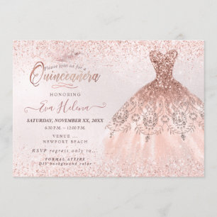 Invitation Quinceañera, Robe Rose Parties scintillant d'or