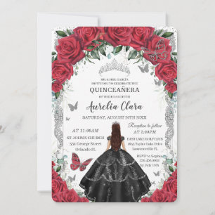 Invitation Quinceañera Robe Rouge Floral Noir Vintage Argent