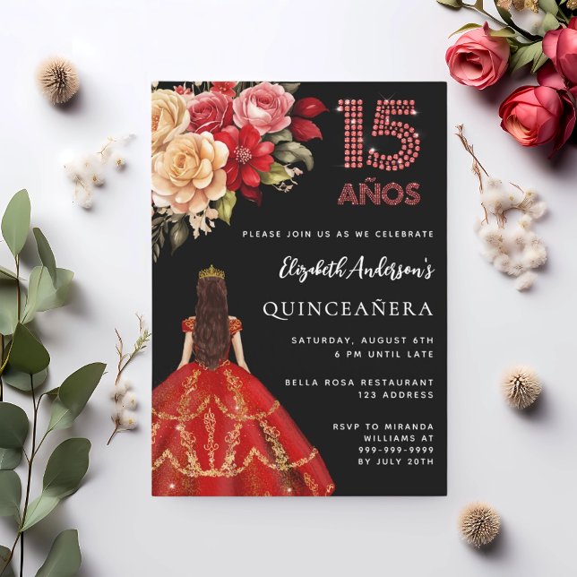 Invitation Quinceanera robe rouge noire floraux roses (Créateur téléchargé)