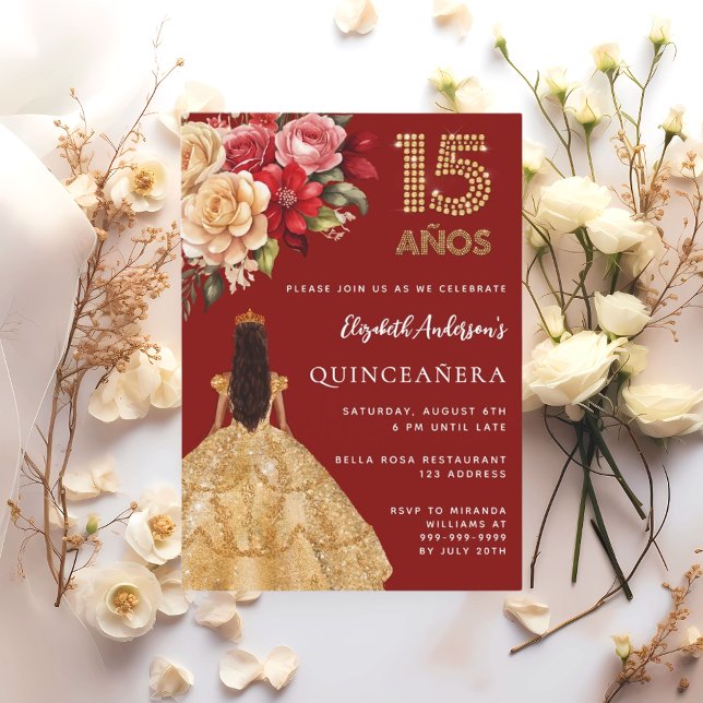 Invitation Quinceanera robe rouge or fleurons rose (Créateur téléchargé)