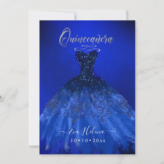 Invitation Quinceañera, Robe scintillante, Bleu électrique (Devant)