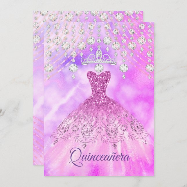 Invitation Quinceanera Robe violette rose 15e fête d'annivers (Devant / Derrière)