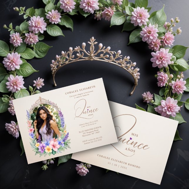 Invitation Quinceañera Romantic Glam Floral Ornate Arch  (Pastel Romantico Glam Floral Ornate Arch Photo Spanish Quinceañera Invitations Cards.)