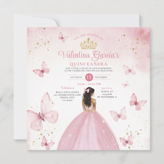 Invitation Quinceañera rose 15 Anos Fleurs d'or Parties scint (Devant)