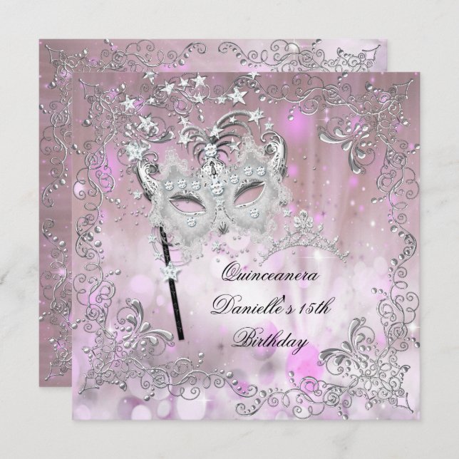 Invitation Quinceanera rose 15e anniversaire Tiara Masquerade (Devant / Derrière)