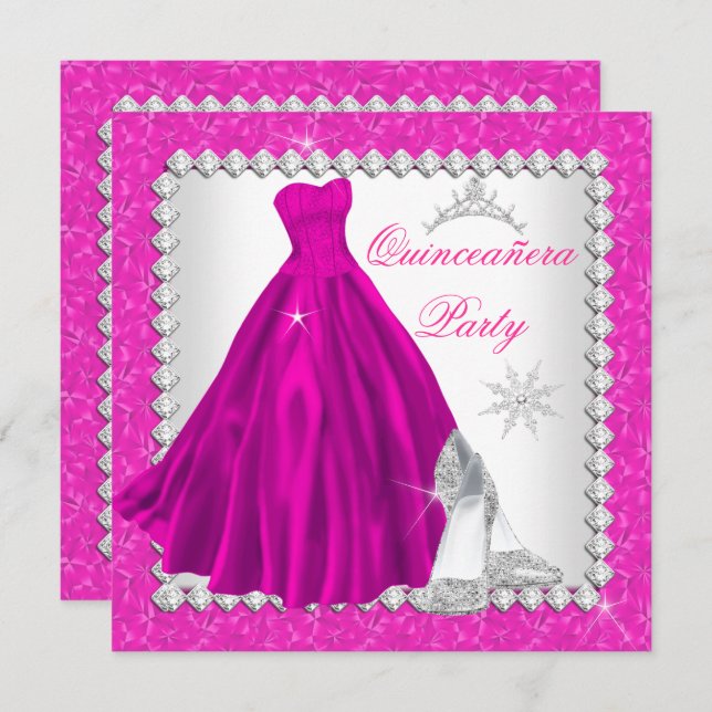 Invitation Quinceanera rose 15ème anniversaire de diamant (Devant / Derrière)