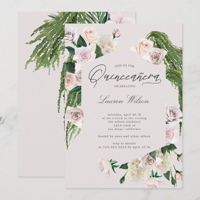 Invitation Quinceanera rose à fleurs tropicales rousses Invit (Devant / Derrière)