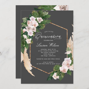 Invitation Quinceanera rose à fleurs tropicales rousses Invit