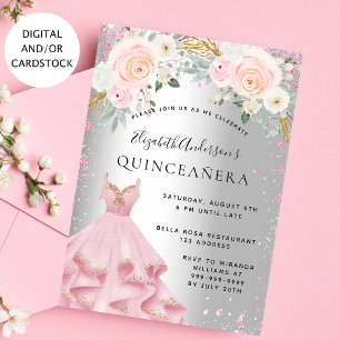 Invitation Quinceanera rose argent brillant robe glamour