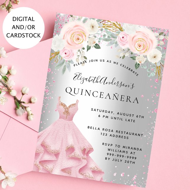 Invitation Quinceanera rose argent brillant robe glamour (Créateur téléchargé)