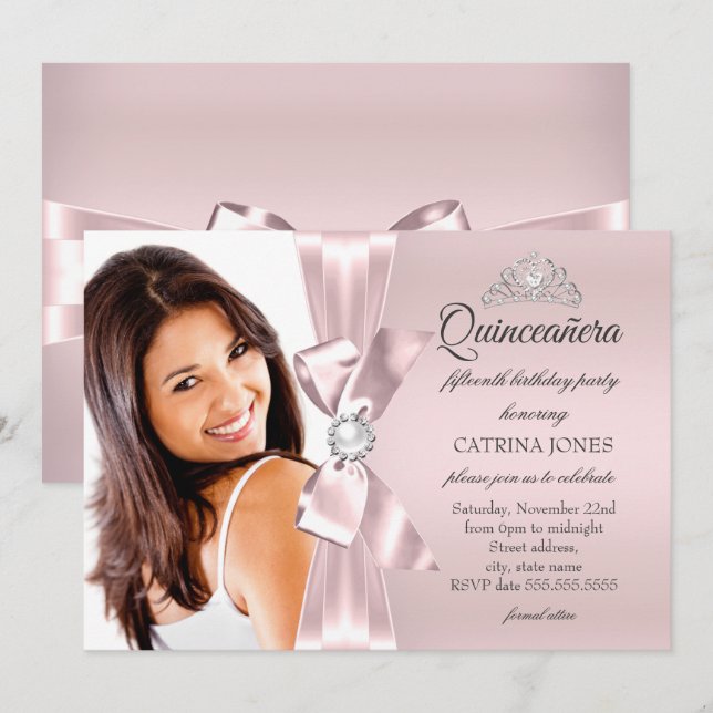 Invitation Quinceanera rose argent diamant poire de la corne  (Devant / Derrière)