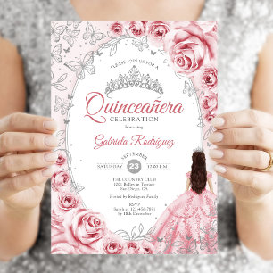 Invitation Quinceanera Rose Argent Floral