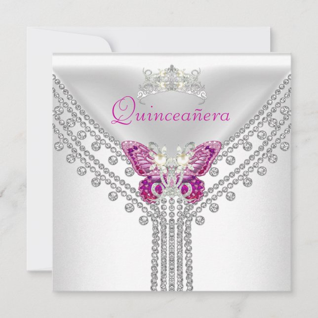Invitation Quinceañera Rose Blanc Papillon Diamant 2 (Devant)