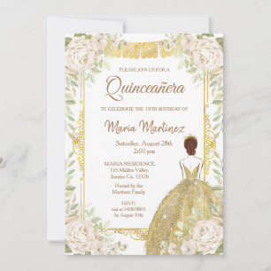 Invitation Quinceanera Rose blanche et or