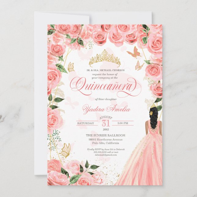 Invitation Quinceanera Rose Blush Rose Élégant Papillon (Devant)