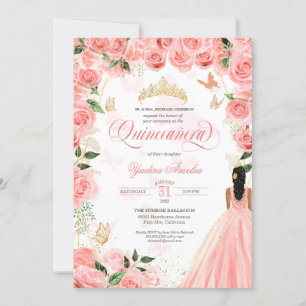 Invitation Quinceanera Rose Blush Roses Élégant Papillon Inv