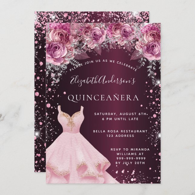 Invitation Quinceanera rose bordeaux parties scintillant robe (Devant / Derrière)