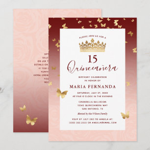 Invitation Quinceanera Rose Bourgogne Gold Crown Élégante