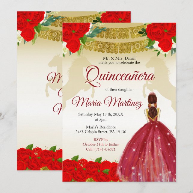 Invitation Quinceañera Rose Bourgogne Gold Mexicaine Annivers (Devant / Derrière)