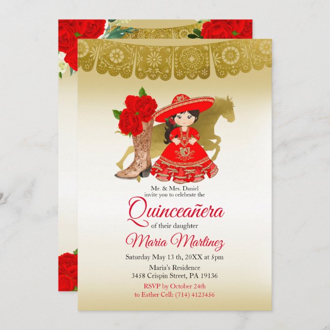 Invitation Quinceañera Rose Bourgogne Gold Mexicaine Annivers (Devant / Derrière)