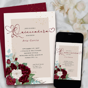 Invitation Quinceanera, Rose bourguignonne et ivoirienne élég