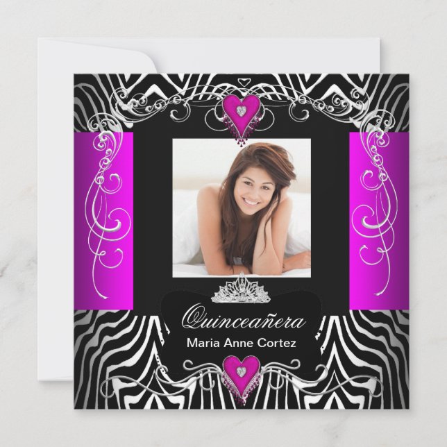 Invitation Quinceanera rose chaud 15e anniversaire Zebra Phot (Devant)