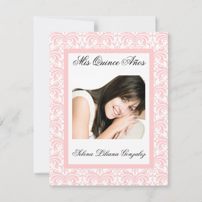 Invitation Quinceanera rose Damas doux rose et blanc (Devant)