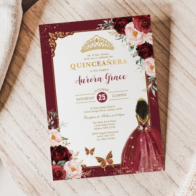 Invitation Quinceañera rose de Bourgogne Princesse Mis Quince (Créateur téléchargé)