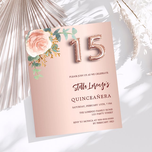 Invitation Quinceanera rose de fleurs d'or (Créateur téléchargé)