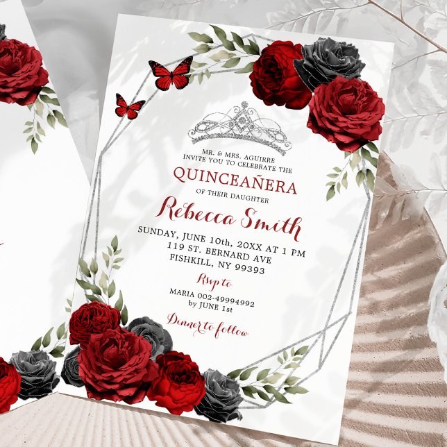 Invitation Quinceañera Rose de la Couronne noire et rouge de  (Créateur téléchargé)