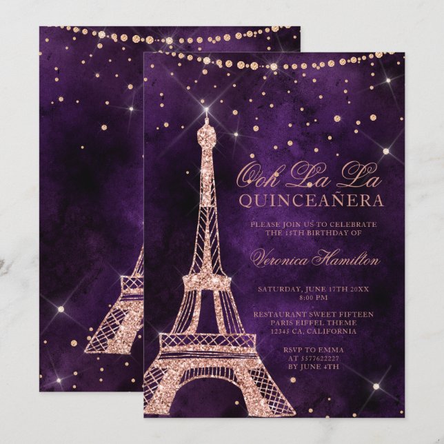 Invitation Quinceanera rose de pourpre de parties (Devant / Derrière)