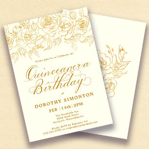 Invitation Quinceanera Rose d'or Floral blanc ivoire
