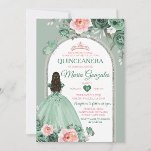 Invitation Quinceañera rose Dusty Green Crown Butterfly