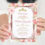 Invitation Quinceanera rose en or et rose<br><div class="desc">Invitation Mis Quince Anos,  15e anniversaire de la Quinceanera en or et rose,  rose</div>