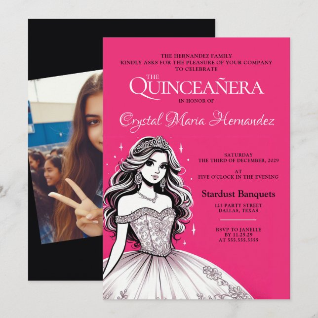 Invitation Quinceañera rose et blanche (Devant / Derrière)