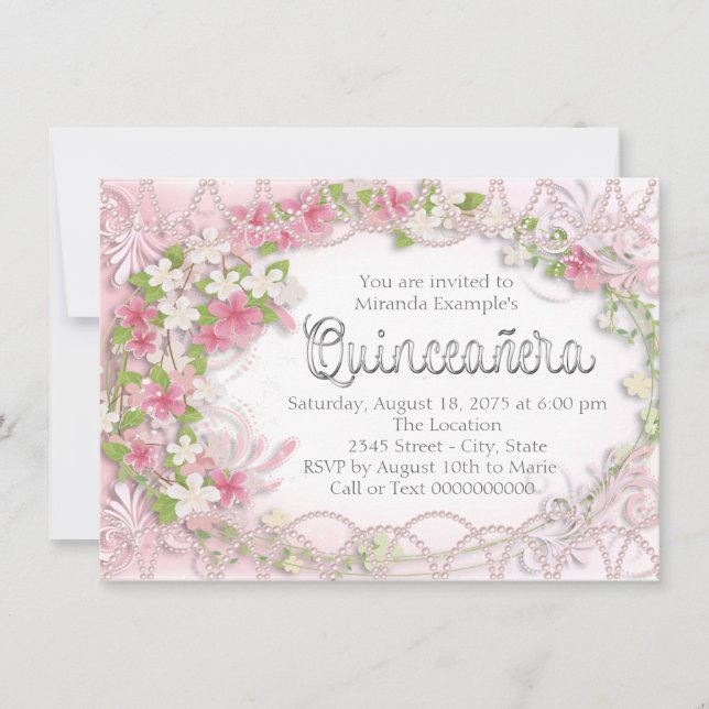 Invitation Quinceañera rose et gris (Devant)