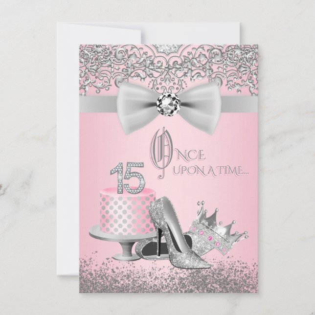Invitation Quinceanera rose et gris (Devant)