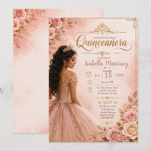 Invitation Quinceañera rose et or