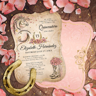 Invitation Quinceanera rose et or Cheval rustique Anniversair