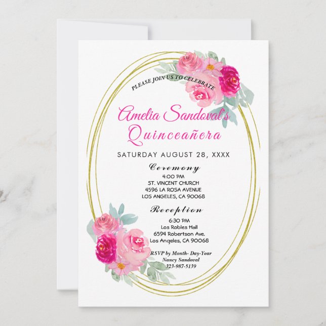 Invitation Quinceanera rose et or Floral (Devant)